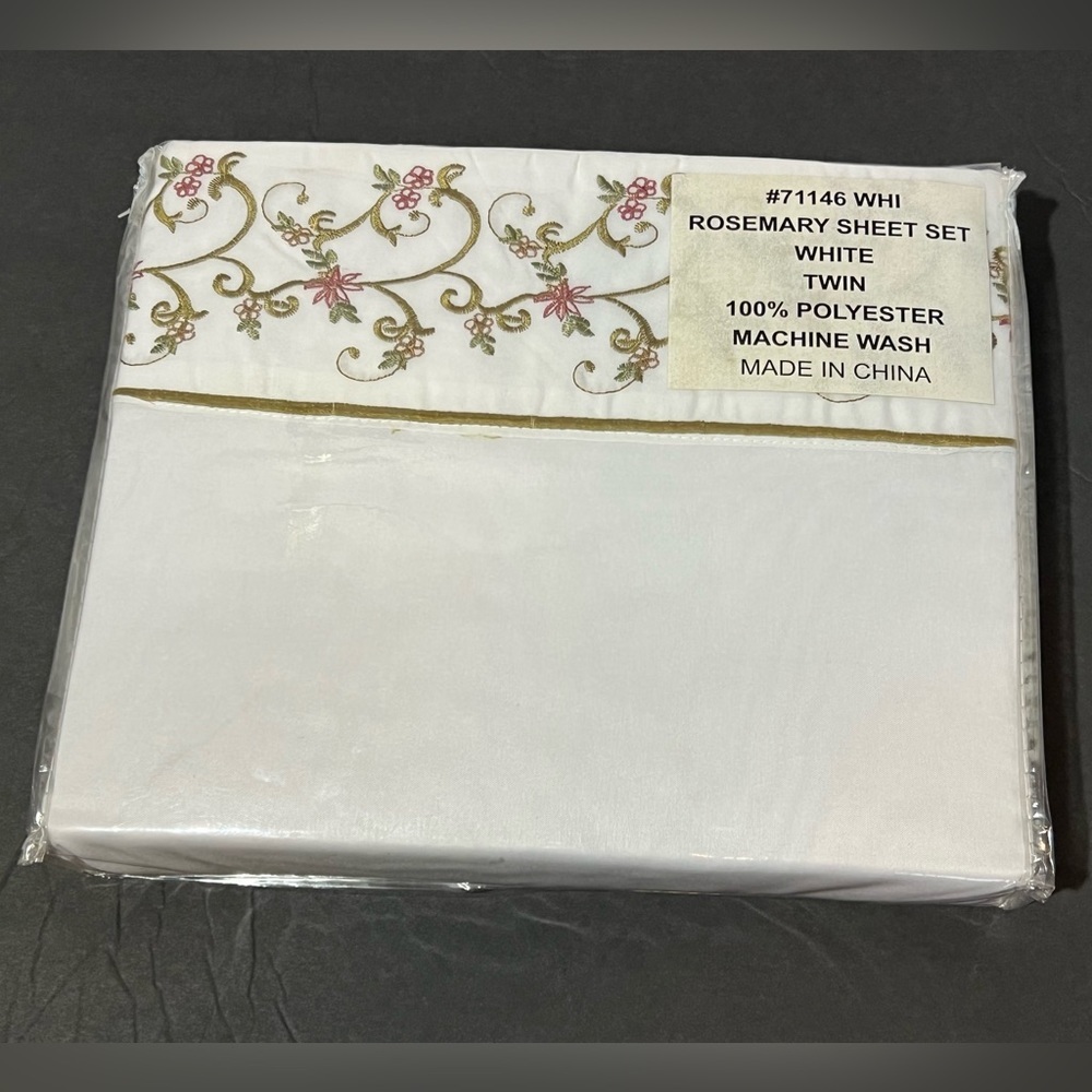 Vintage Twin Sheet Set Rosemary White NIP Embroidered Design Floral